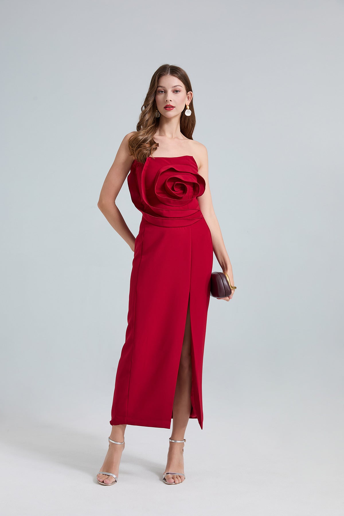 Strapless 3D Rose Maxi Dress – Red